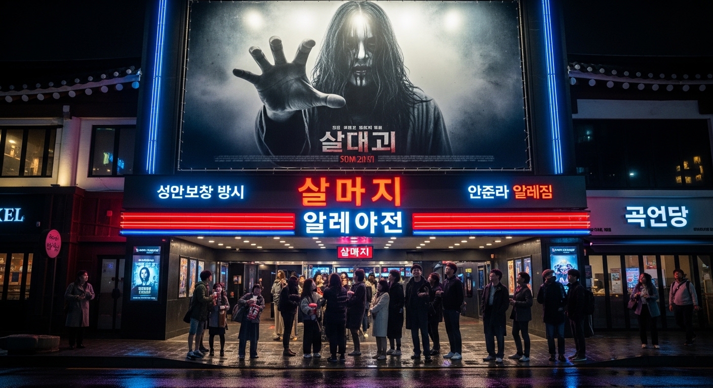한국 영화관 입구에 '살목지' 포스터가 걸려있고, 관람객들이 줄을 서 있는 밤의 풍경