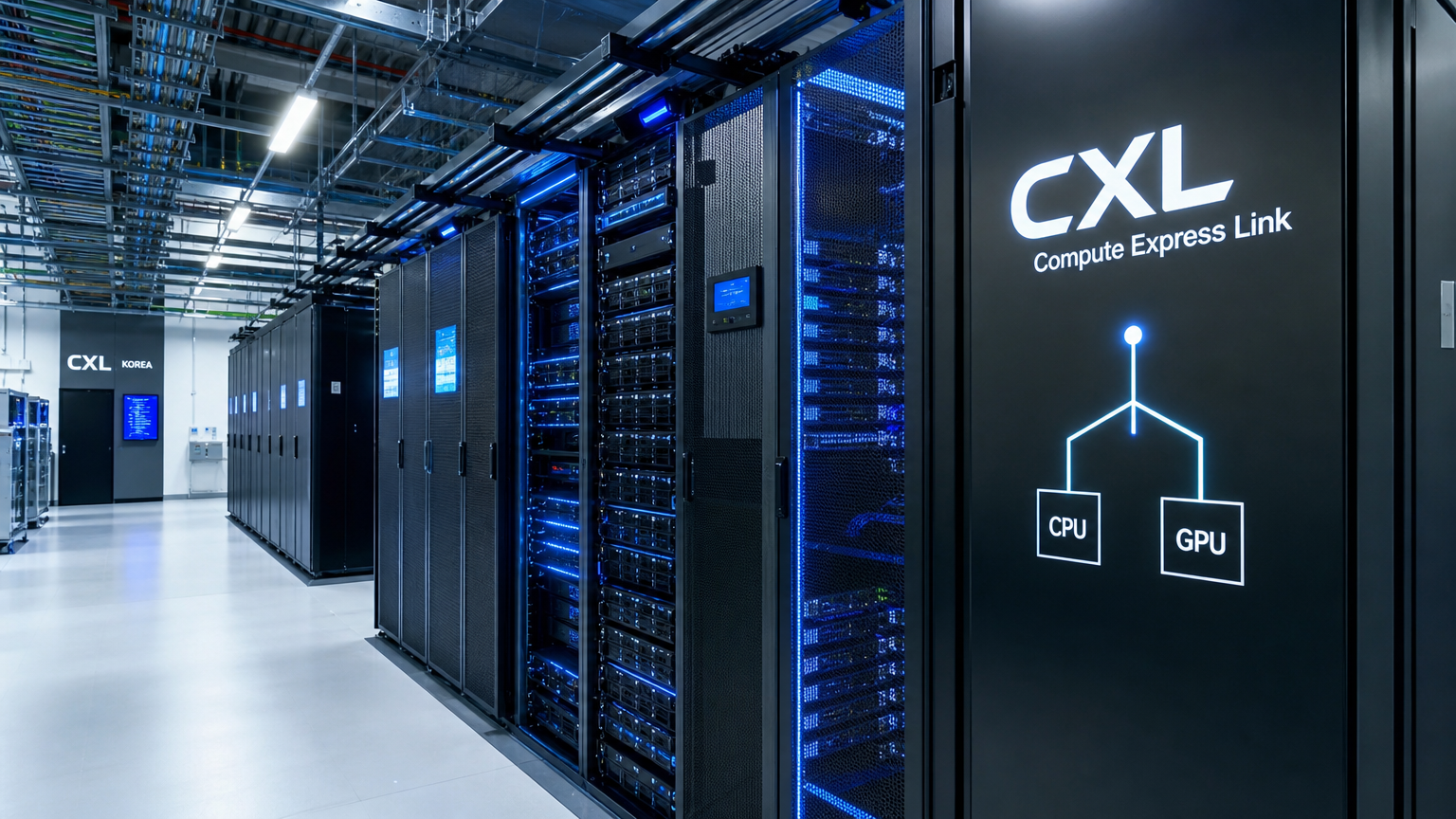 첨단 CXL 기술로 상호 연결된 CPU와 GPU 유닛이 있는 데이터 센터 내부