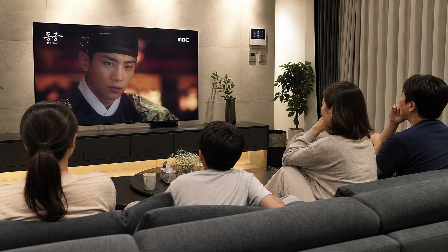 현대적인 거실에서 큰 TV로 역사 드라마 '동궁'의 장면을 시청하는 모습