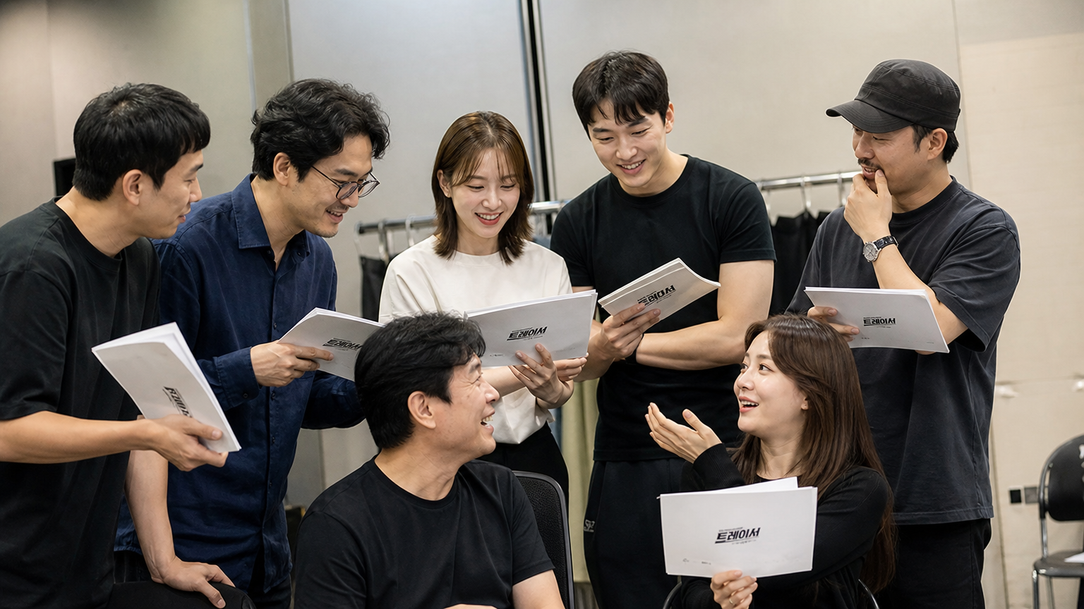 스튜디오에서 대본을 들고 함께 리허설하며 팀워크를 보여주는 조연 배우들