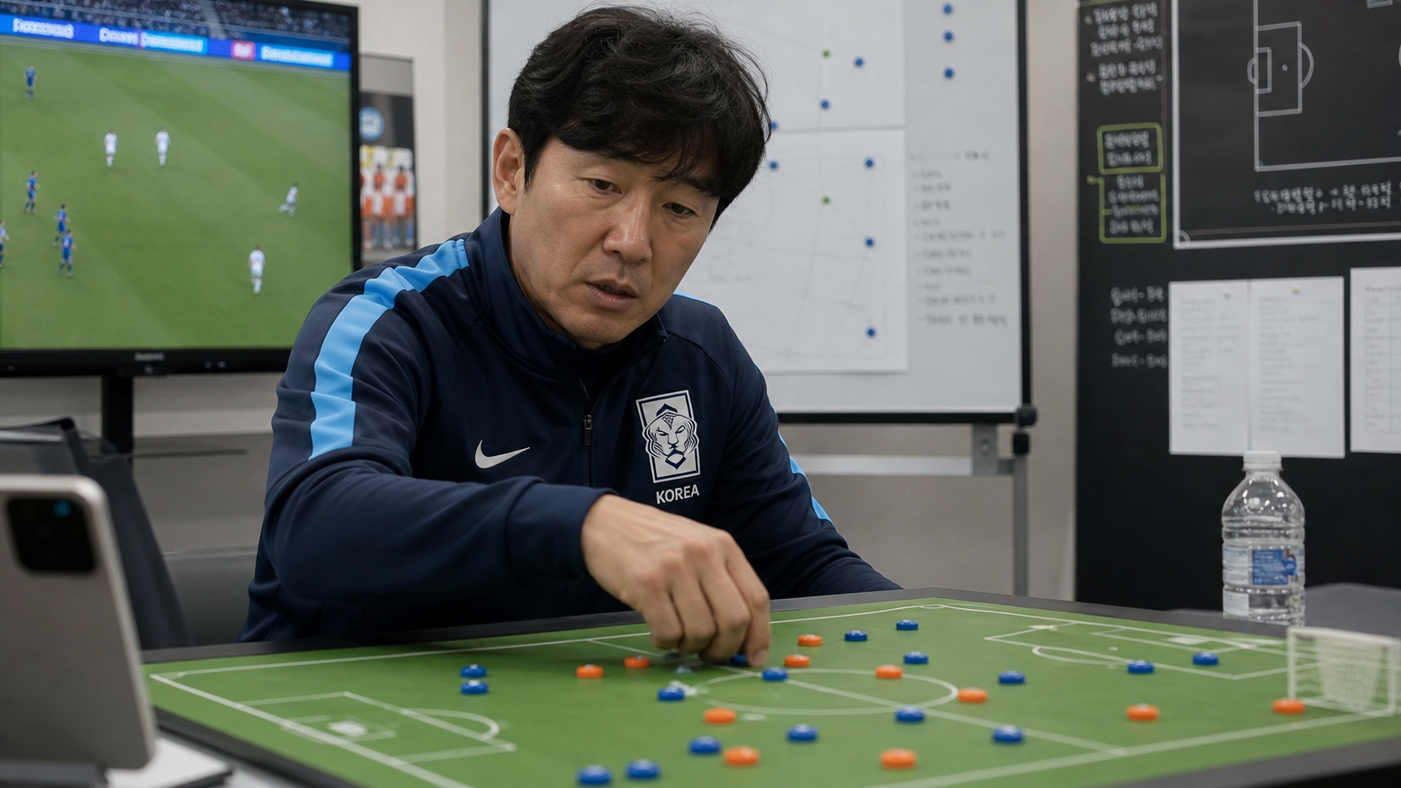 스포츠 시설 사무실에서 축구장 모델을 통해 전략을 세우는 코치