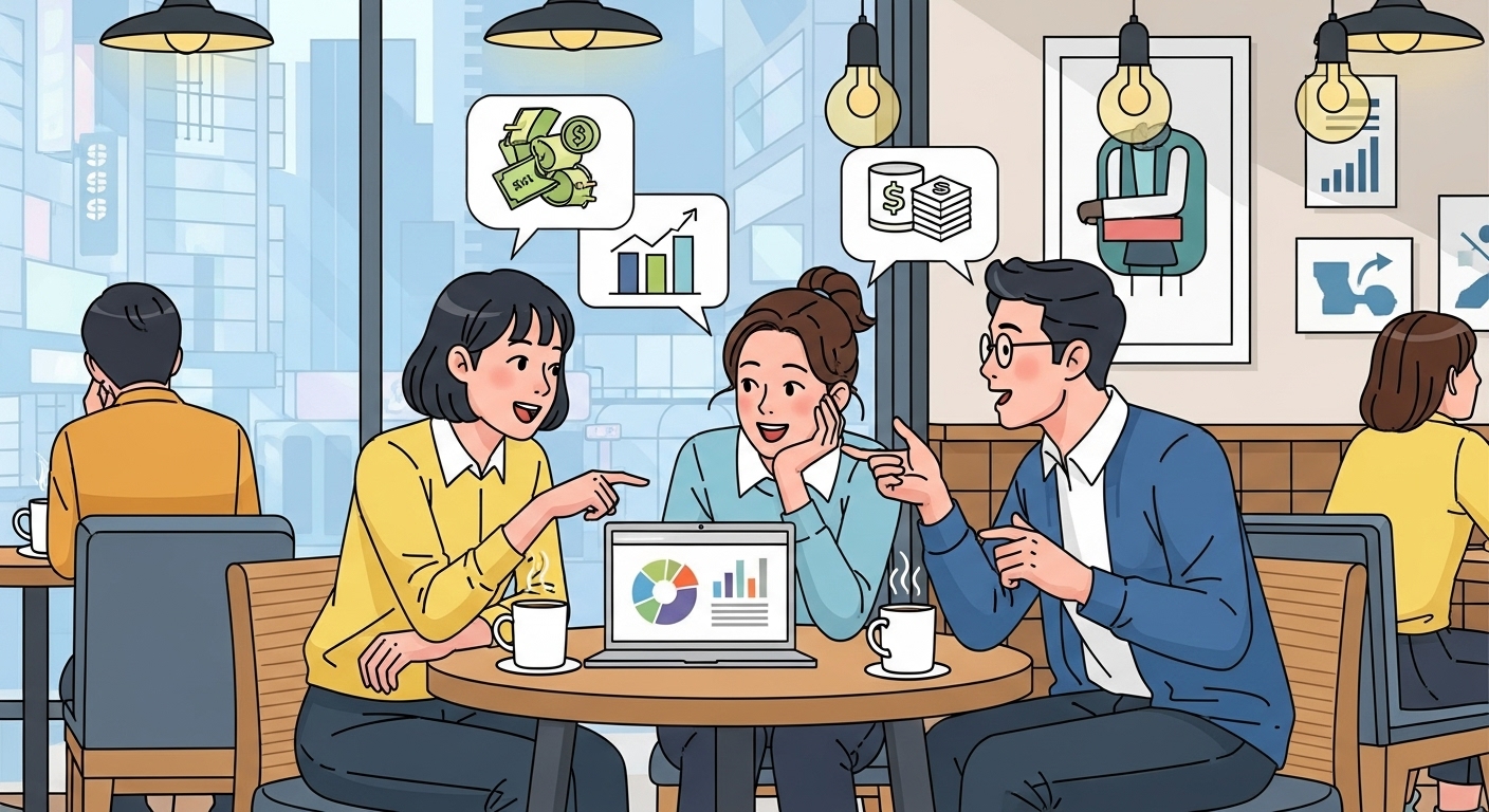 서울의 트렌디한 카페에서 청년들이 새로 출시된 청년미래적금에 대해 논의하는 모습