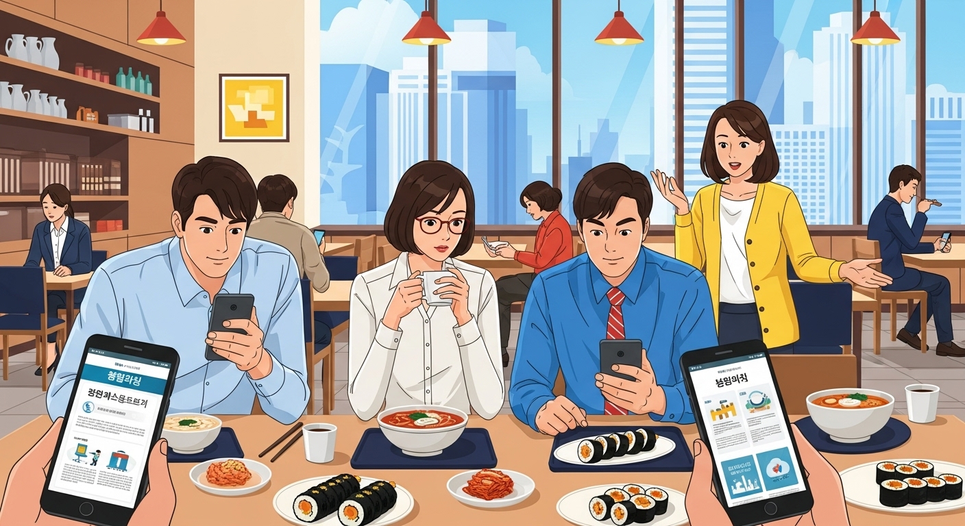 고층 건물 구내식당에서 스마트폰으로 정부 지원 적금을 확인하는 직장인들