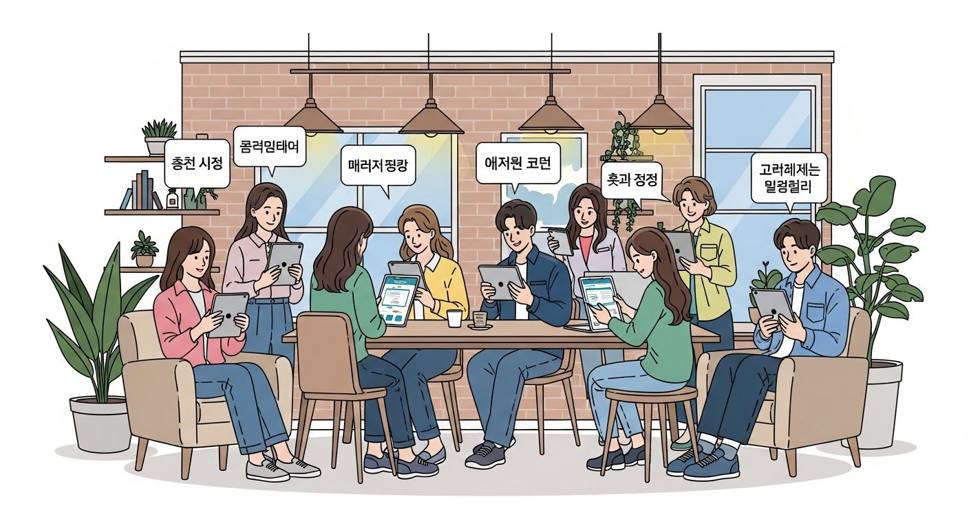 코워킹 스페이스에서 태블릿과 스마트폰을 통해 적금 신청 자격을 확인하는 다양한 한국 젊은이들