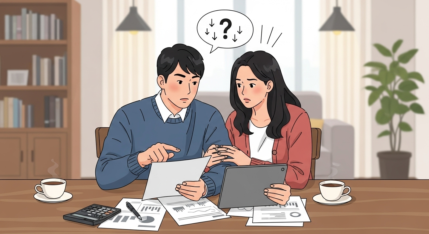 예기치 못한 상황으로 인해 적금 조기 인출 옵션을 검토하는 젊은 커플의 모습