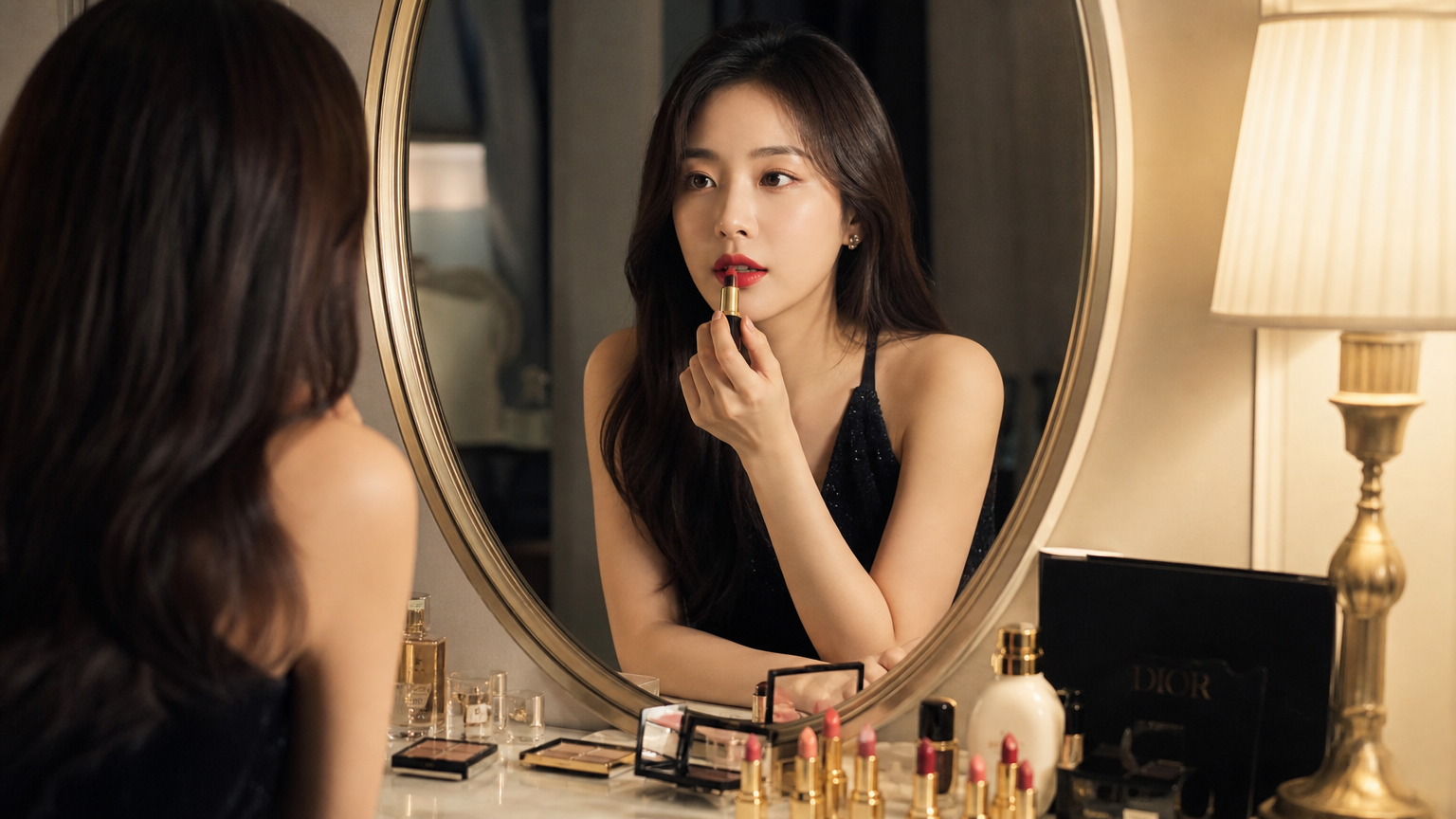 화장대 앞에서 럭셔리 립스틱을 바르는 여성의 모습
