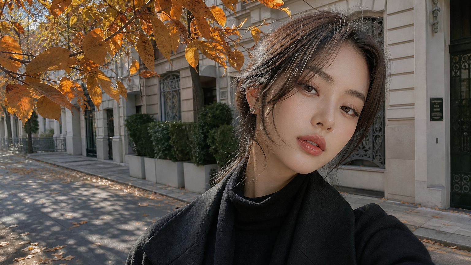 가을 낙엽 배경으로 우아한 광택 있는 입술과 조용한 럭셔리 메이크업 스타일을 연출하는 여성