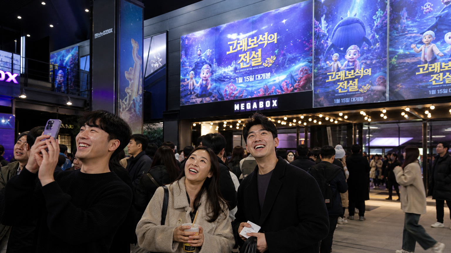 극장을 배경으로 '고래보석의 전설' 포스터 앞에서 기대감에 찬 성인들