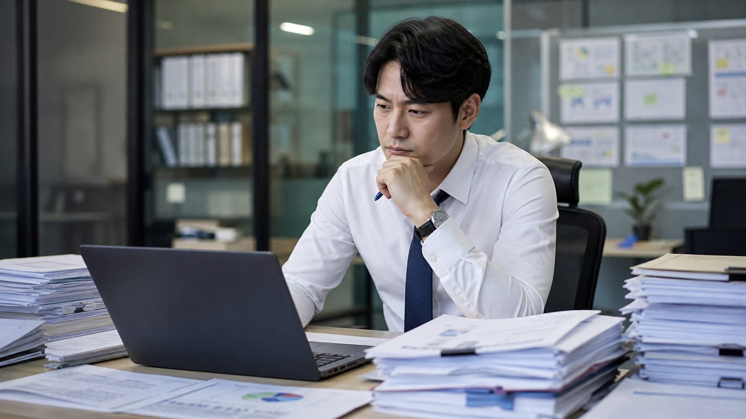 현대 한국 사무실에서 책상에 앉아 서류와 노트북을 앞에 두고 깊은 고민에 빠진 직장인의 모습