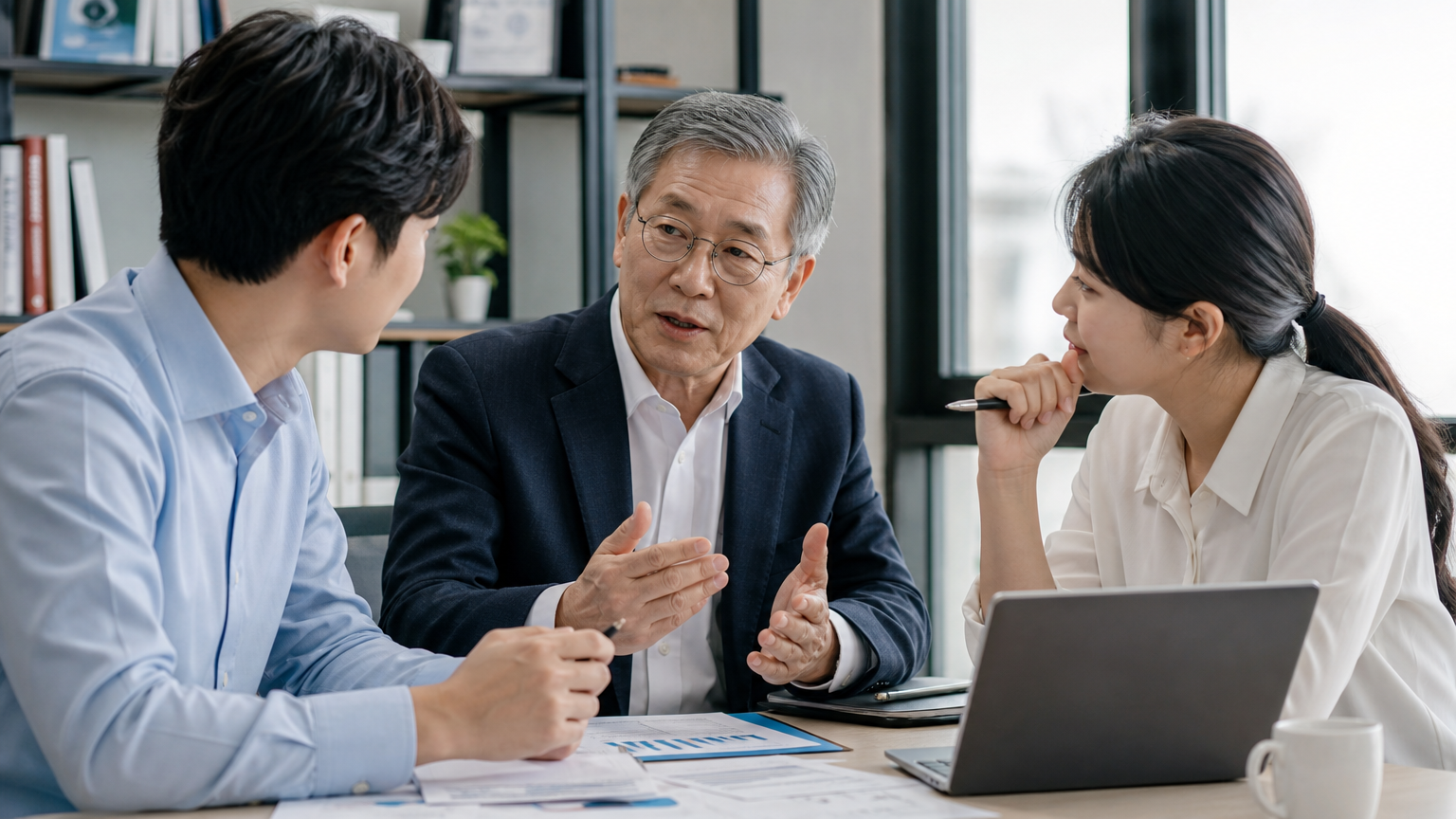 현대적인 사무실에서 젊은 동료들과 조언을 나누며 세대 간 조화를 이루는 노년 남성의 모습