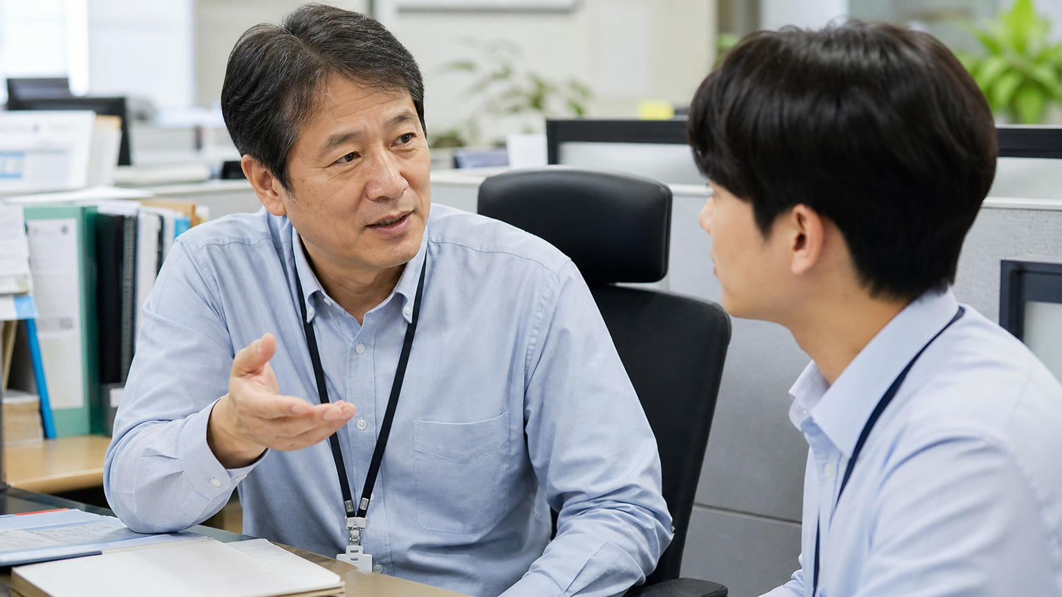 사무실 환경에서 친근하게 대화하며 진심 어린 조언을 건네는 연령 차이가 있는 두 한국 동료의 모습