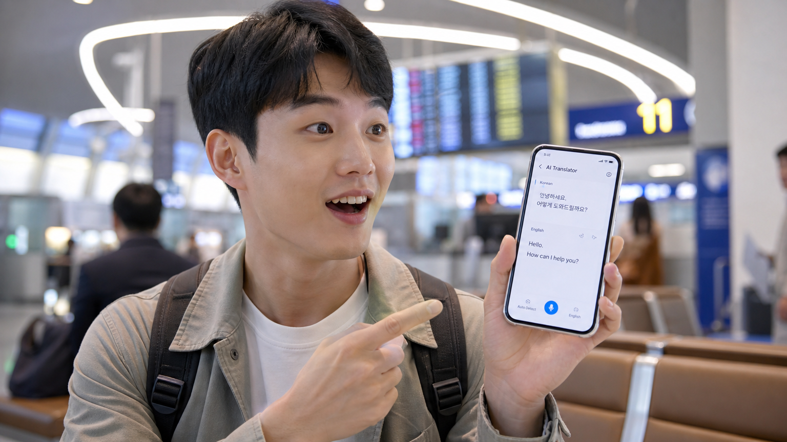 스마트폰을 들고 공항 라운지에서 번역 앱을 사용하는 여행객