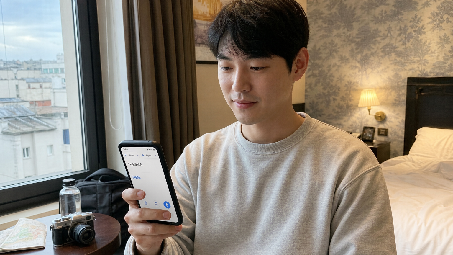 와이파이가 없는 호텔 방에서 오프라인 번역 기능을 사용하는 한국인 여행객