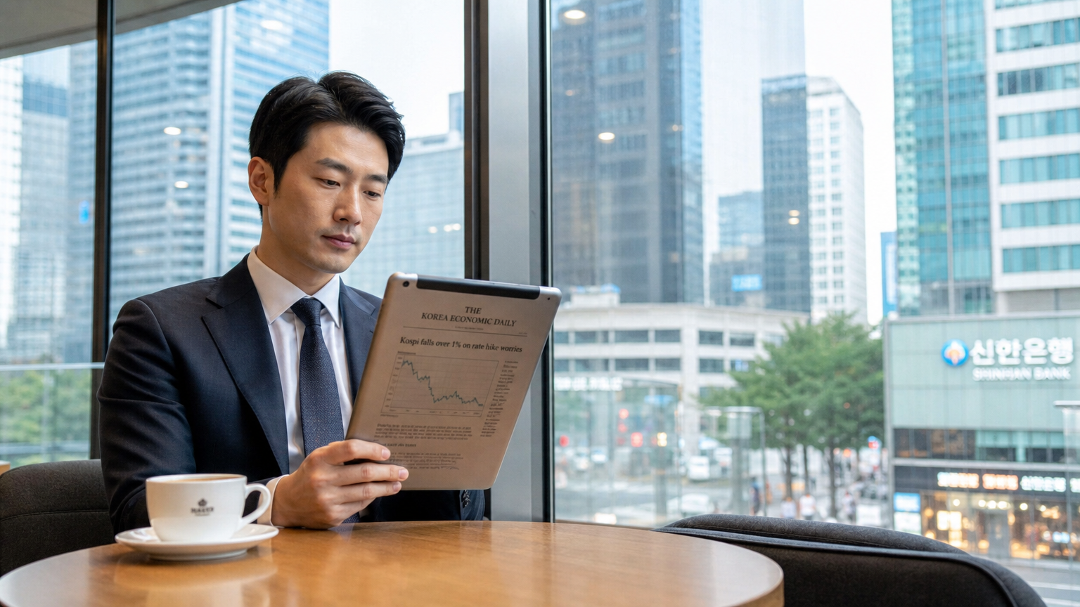 서울의 세련된 카페에서 디지털 태블릿으로 금융 뉴스를 읽는 직장인