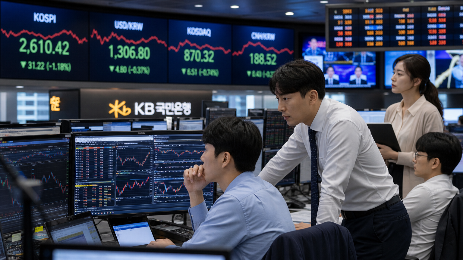 첨단 트레이딩 플로어에서 주식 시장 동향을 주시하는 비즈니스 전문가들
