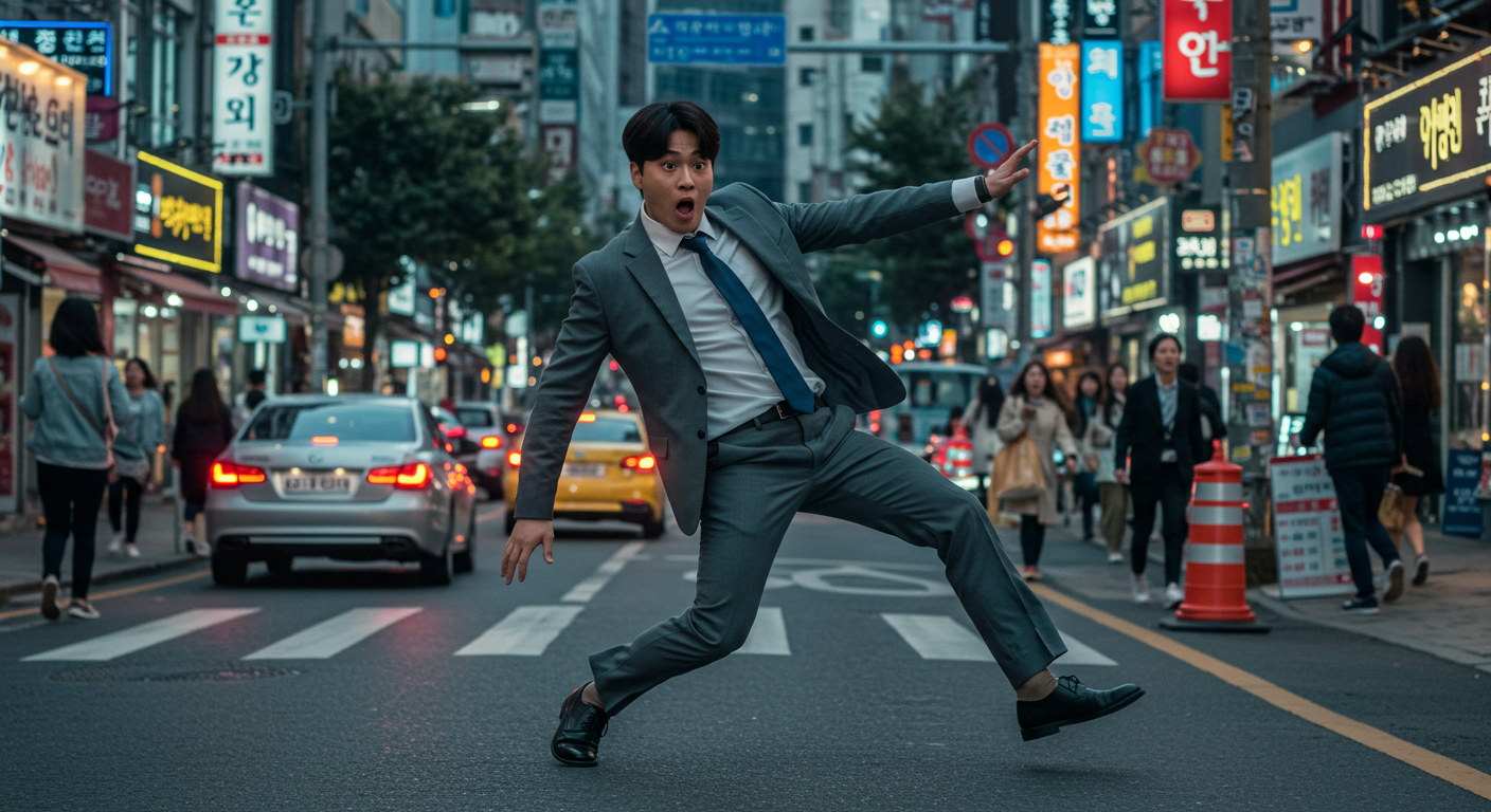 서울 거리에서 바쁘게 걷다가 순간적으로 균형을 잃고 넘어질 뻔한 직장인의 놀란 표정과 도시 배경