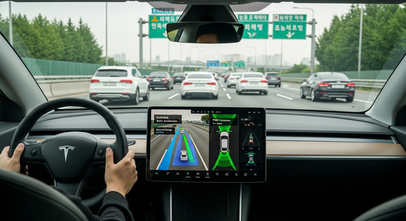복잡한 한국 고속도로에서 자동 가감속과 차선 변경 기능을 사용하는 테슬라 차량 내부 모습