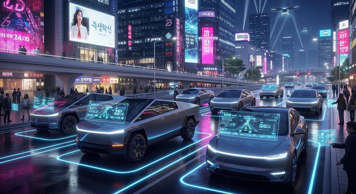 미래적인 밤 거리에서 확장된 테슬라 차량 군단과 첨단 기능 활용 모습