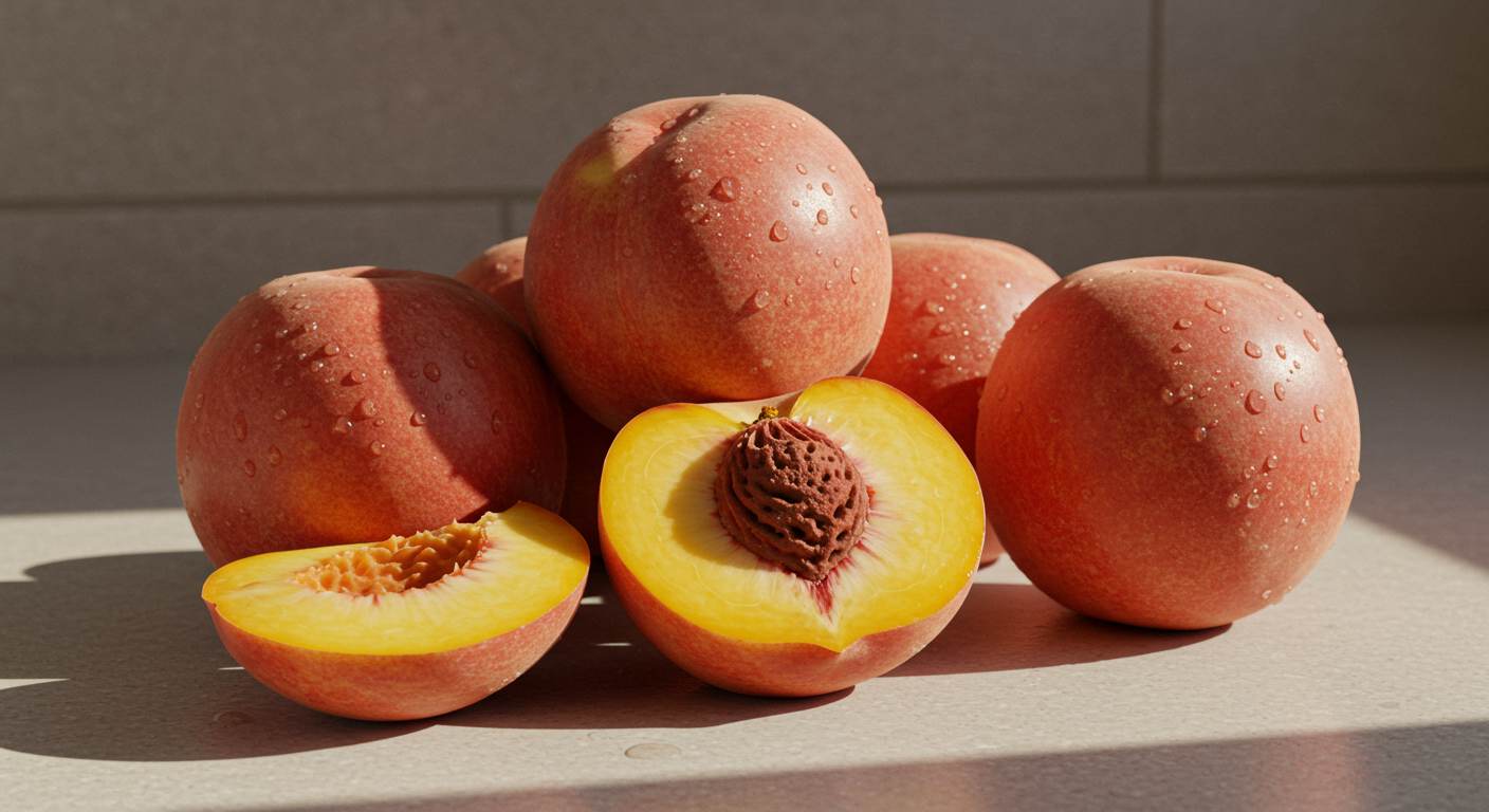 주방 카운터 위에 놓인 신선한 복숭아와 잘린 단면에서 드러나는 과즙