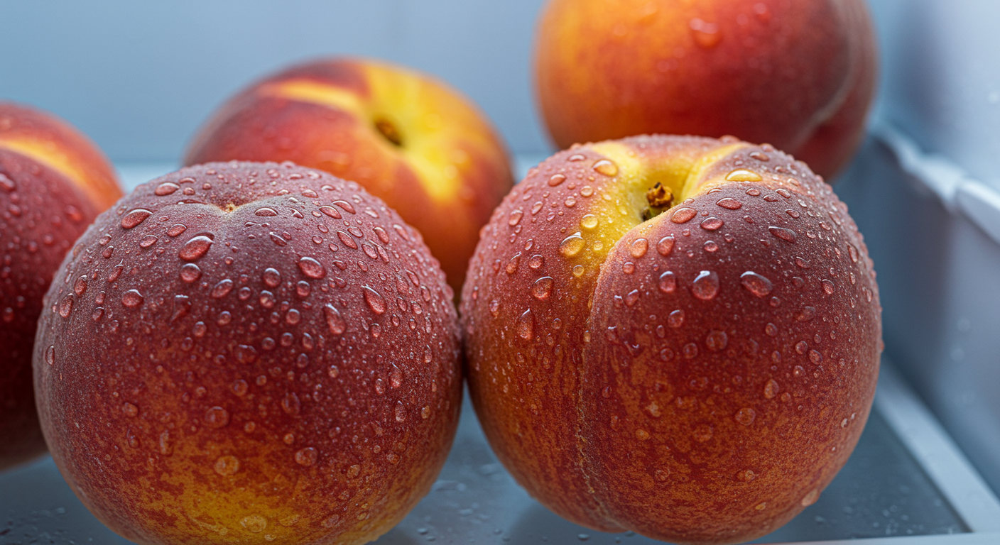 냉장고 칸 안에 저장된 복숭아의 표면에 맺힌 물방울과 차가운 조명