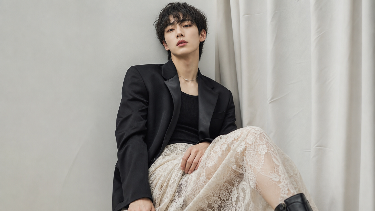 중성적 의상을 입고 있는 배우의 독창적인 스타일링
