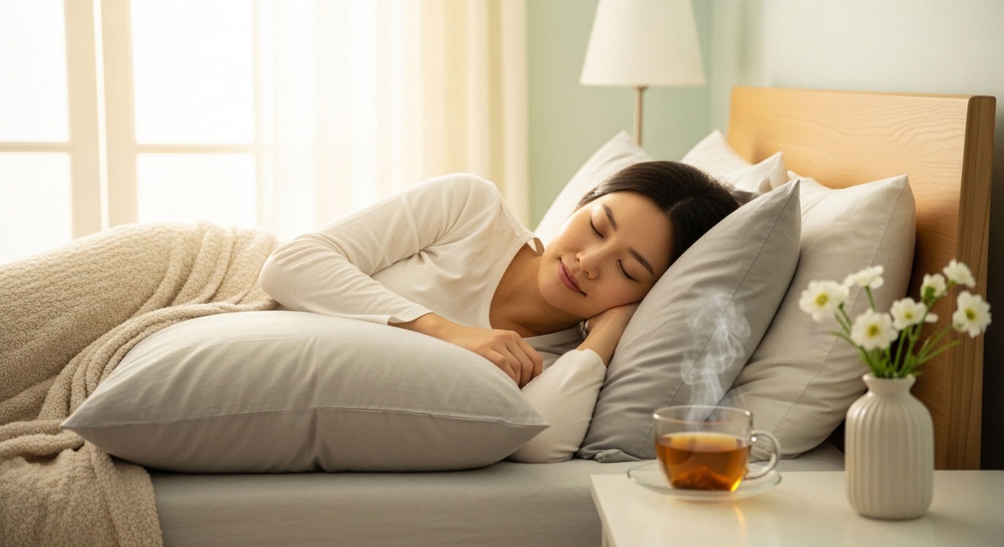 산후 회복을 위해 편안한 침실에서 휴식을 취하는 여성의 모습