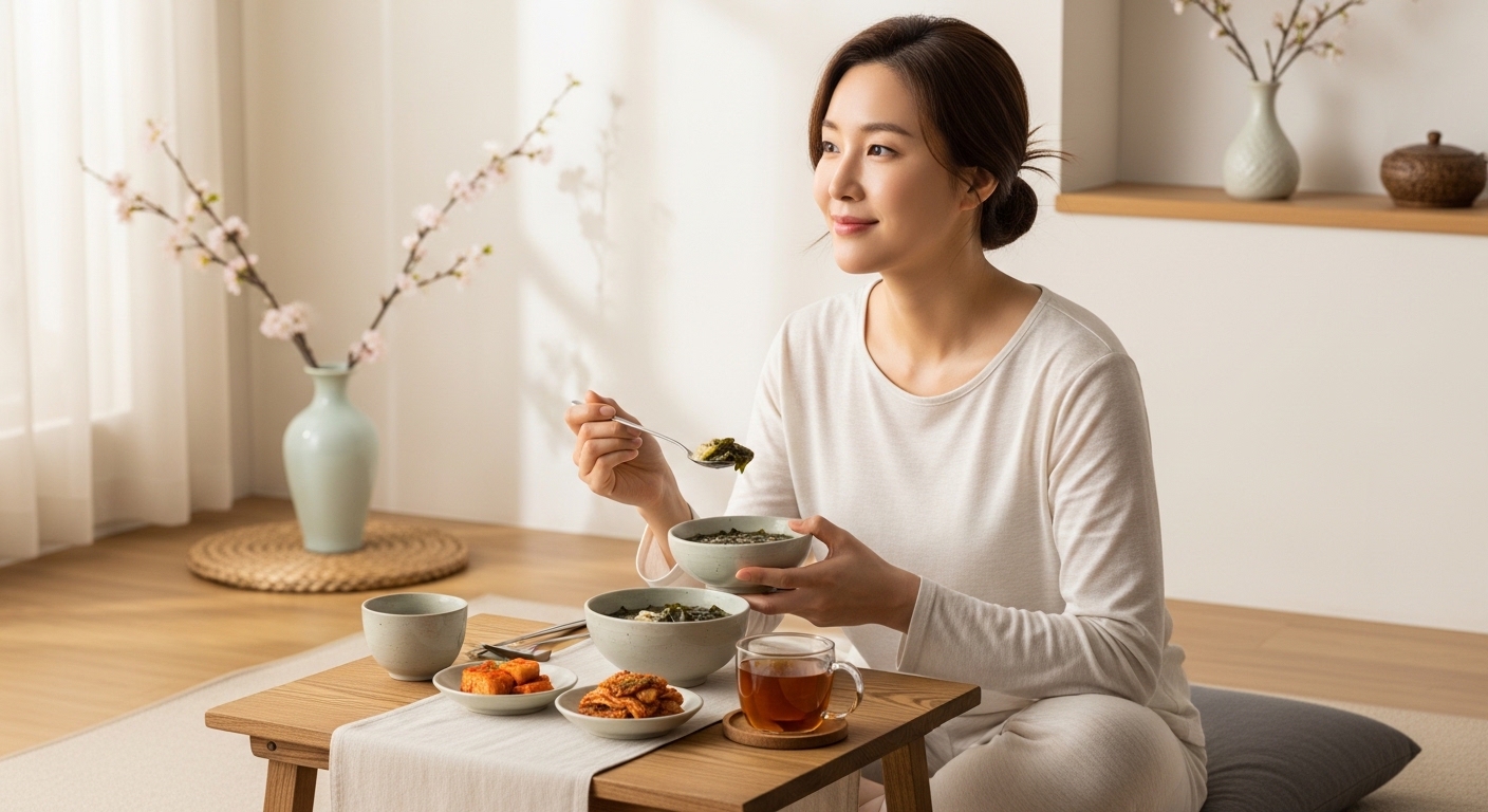 집에서 계획적인 산후 관리를 통해 인내와 꾸준함을 실천하는 여성의 모습