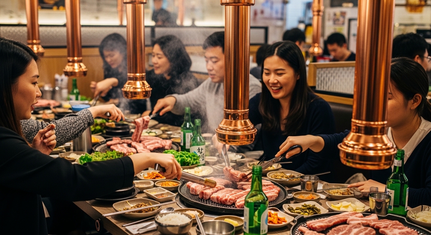 한국의 바쁜 돼지갈비 맛집에서 손님들이 즐겁게 식사하는 모습