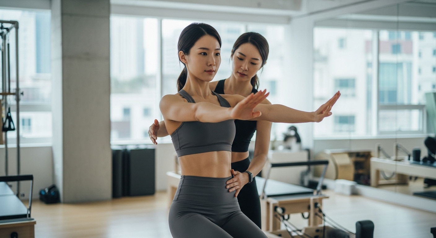 필라테스 스튜디오에서 전문가의 지도 아래 코어 운동에 집중하는 여성