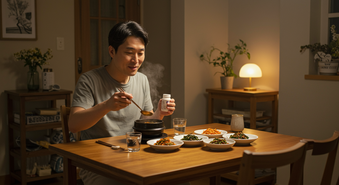 저녁 식사 중 보조제를 섭취하는 남성의 따뜻한 가정 풍경