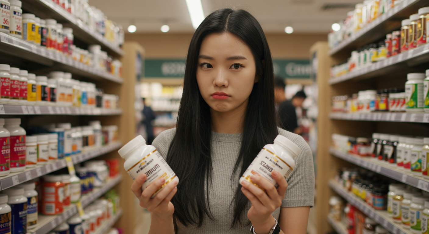 보조제 병을 비교하며 의심스럽게 바라보는 젊은 여성