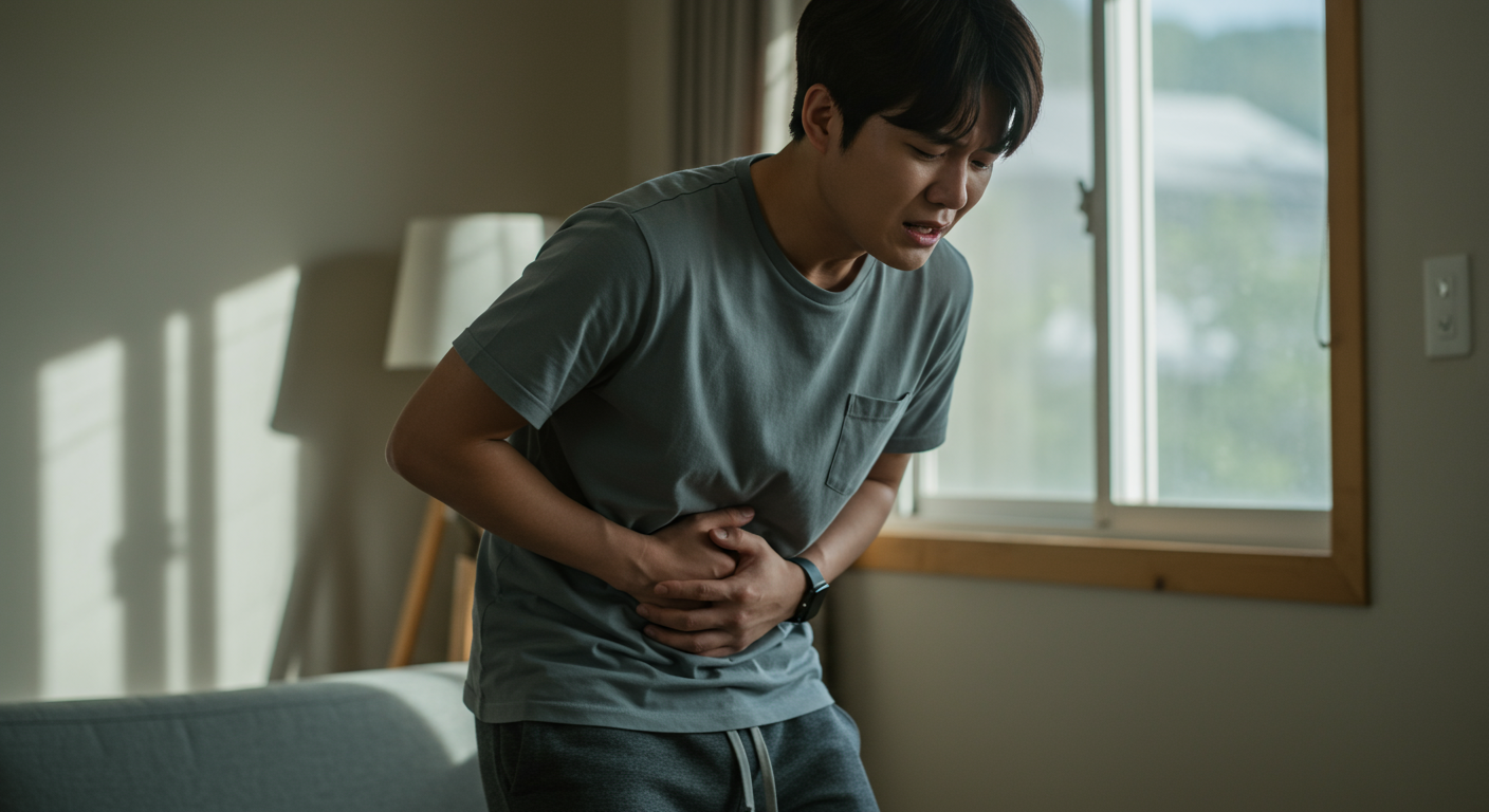 현대인이 집에서 심한 복통을 겪고 있는 모습
