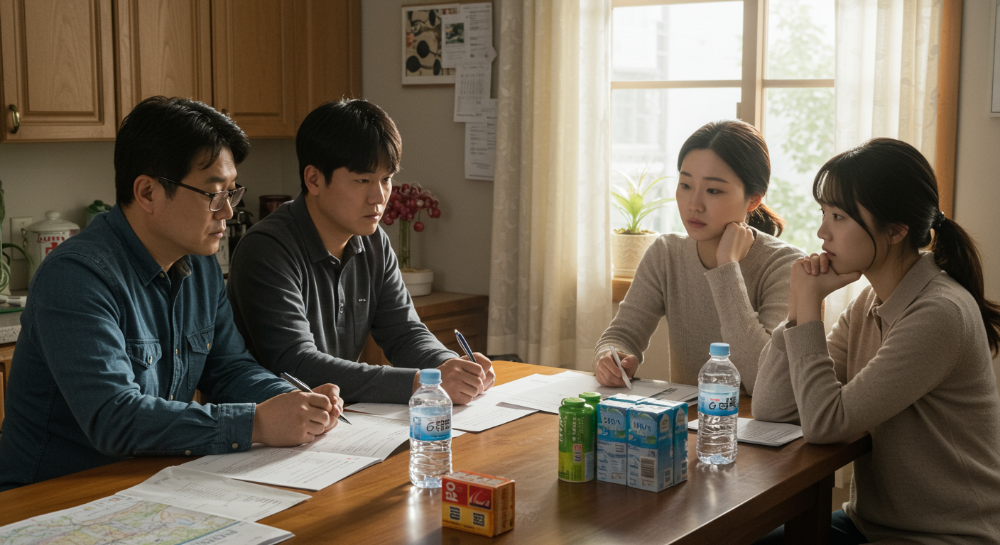 주방 테이블에서 가족들이 응급 대처 방법을 논의하는 장면