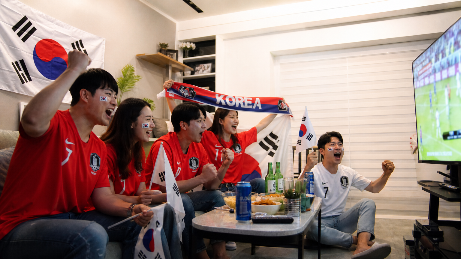 축구 팬들이 월드컵 경기를 집에서 응원하며 기뻐하는 모습