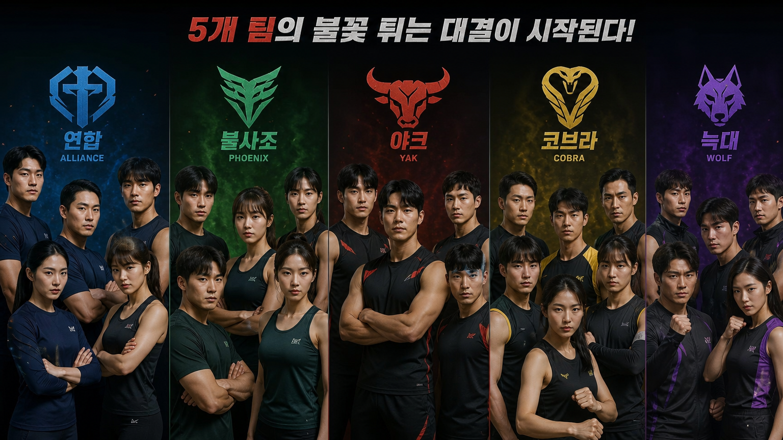 다섯 팀의 다양한 한국 참가자들이 경쟁 준비 태세로 서 있는 모습