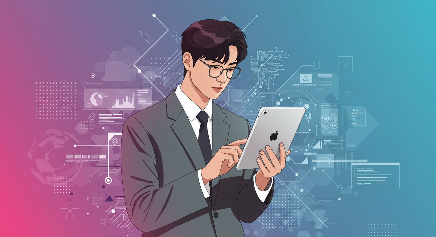 한국의 직장인이 애플 기기를 사용하며 혁신과 디지털 전환을 상징하는 추상적 배경