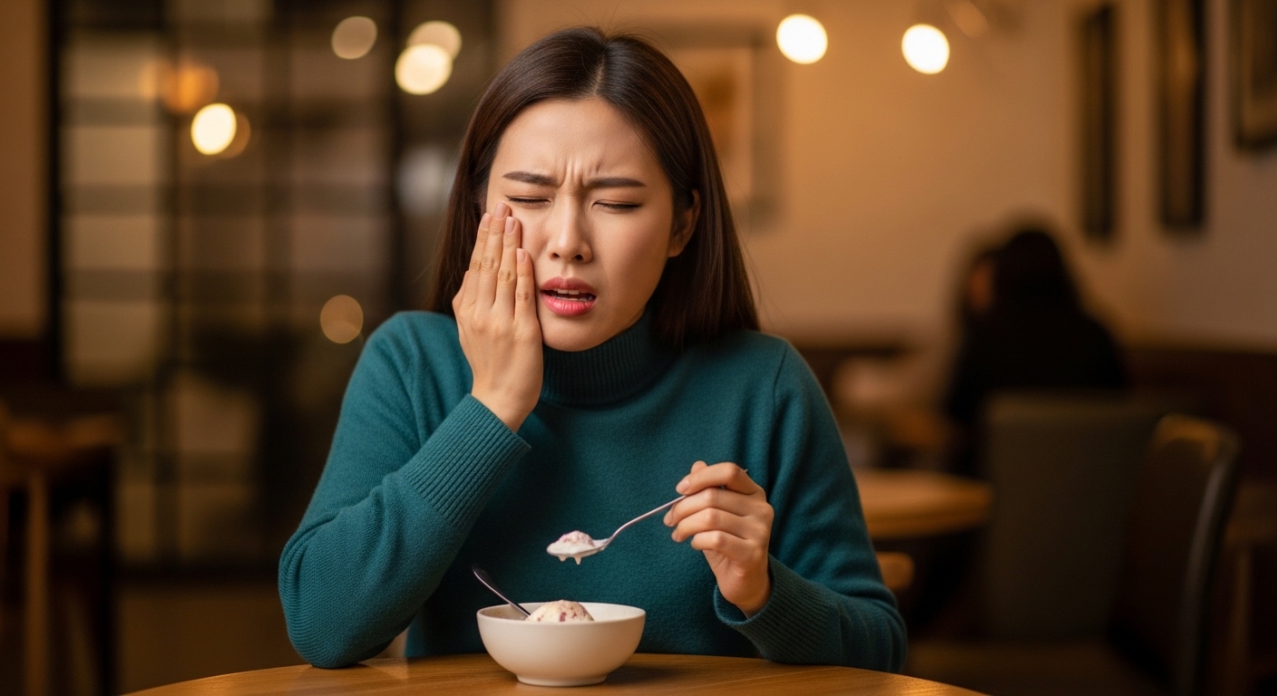 이가 시려 고통스러워하는 여성