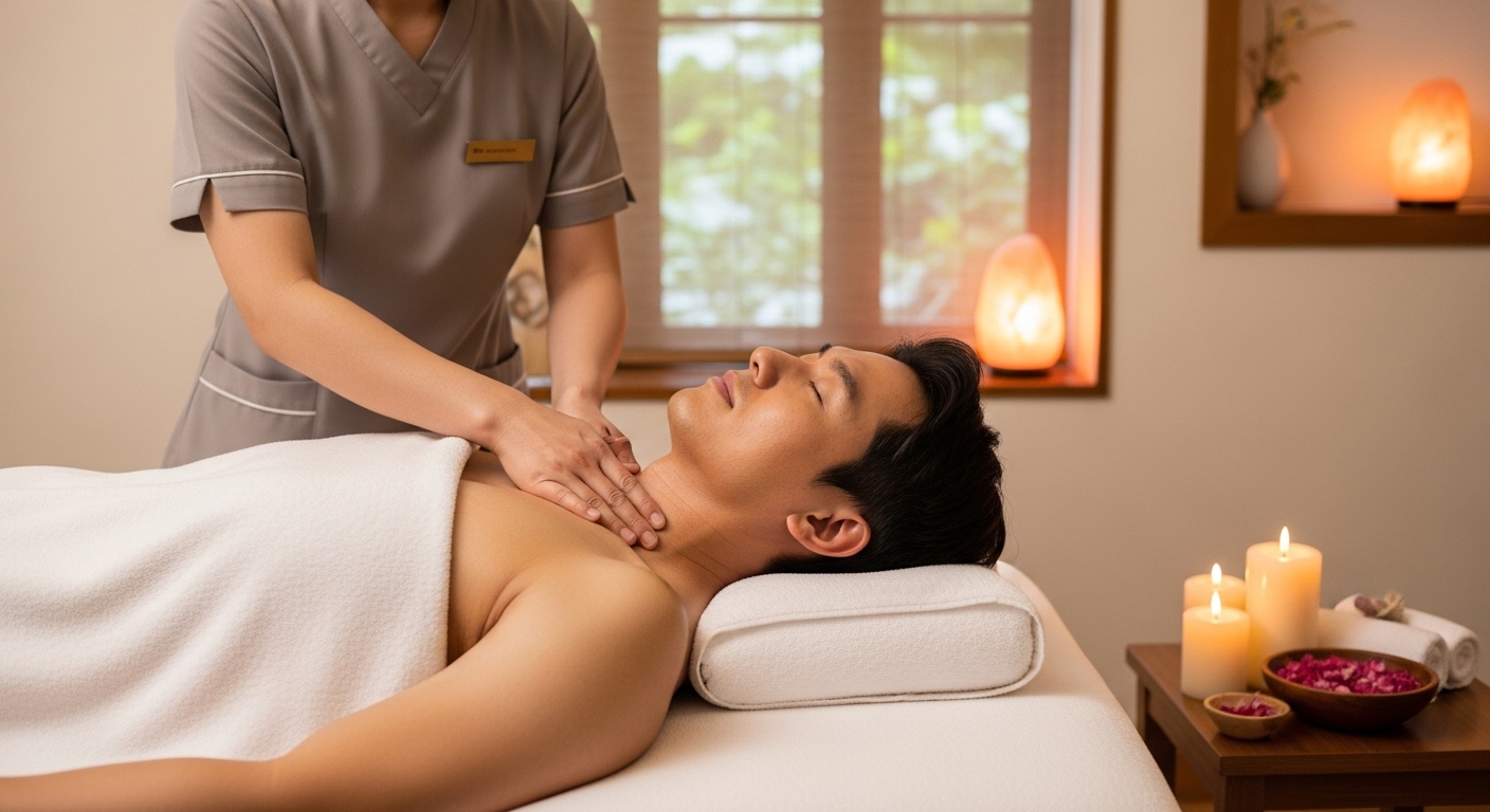 편안한 림프 마사지를 받고 있는 남성 이미지