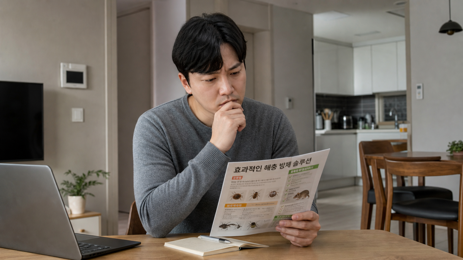 현대적인 한국 가정에서 성인이 해충 문제 해결책을 고민하는 모습