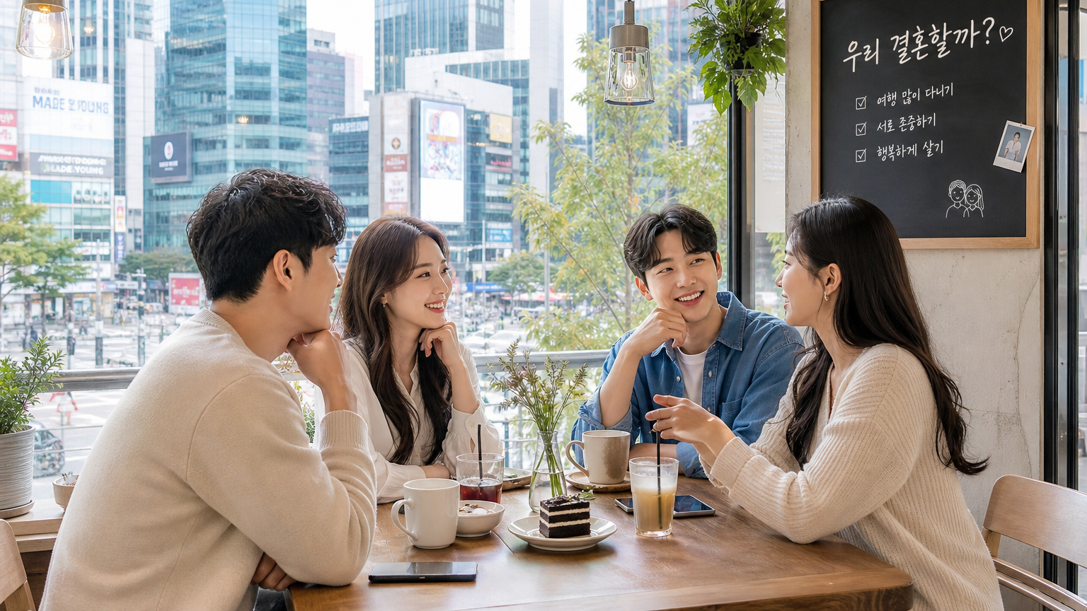 젊은 성인들이 트렌디한 카페에서 결혼에 대해 토론하는 모습