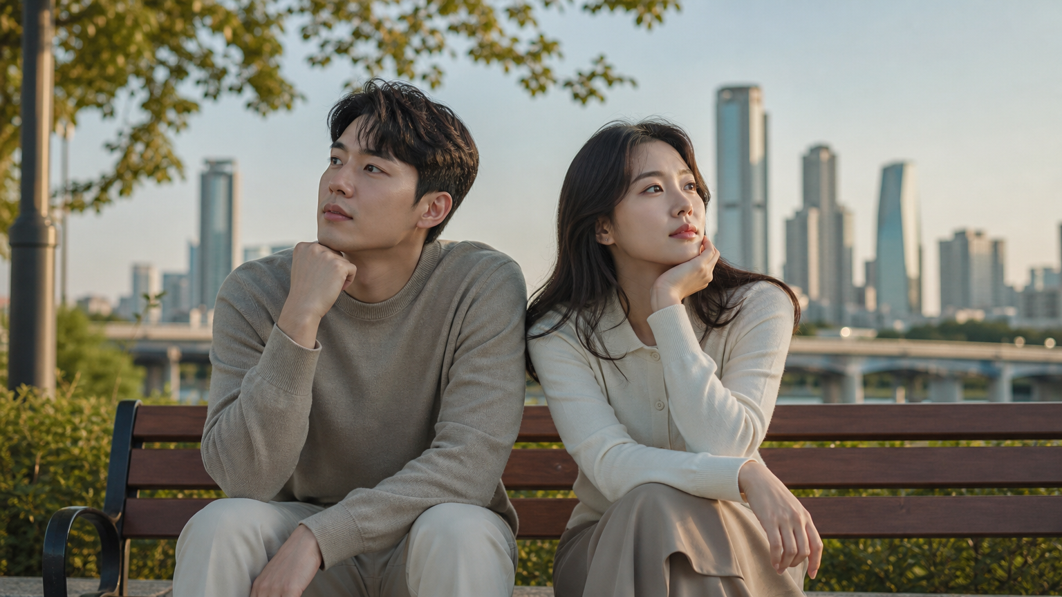 도심 공원 벤치에서 결혼에 대해 고민하는 현대적인 커플