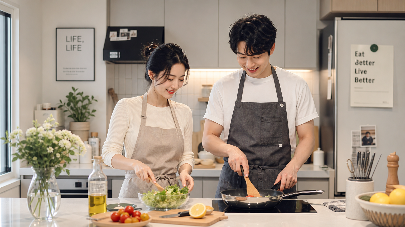 현대식 아파트 주방에서 가사를 평등하게 나누는 커플
