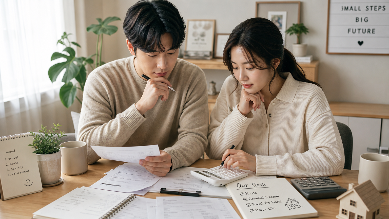 재정 계획을 세우며 계산기를 사용하는 젊은 커플