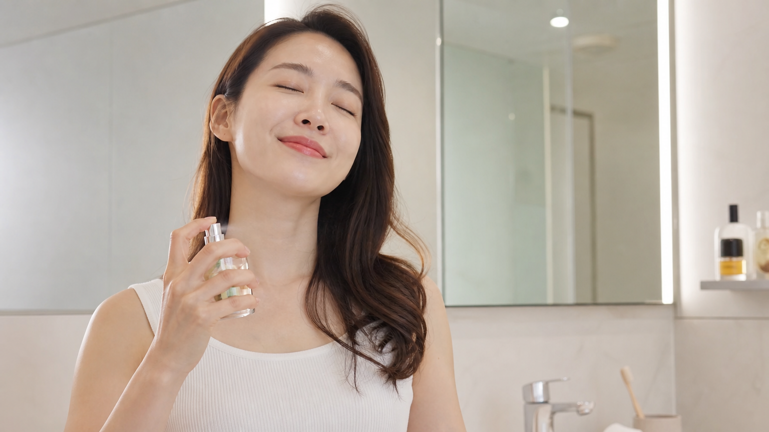 30대 여성이 현대식 욕실에서 향수를 뿌리는 장면