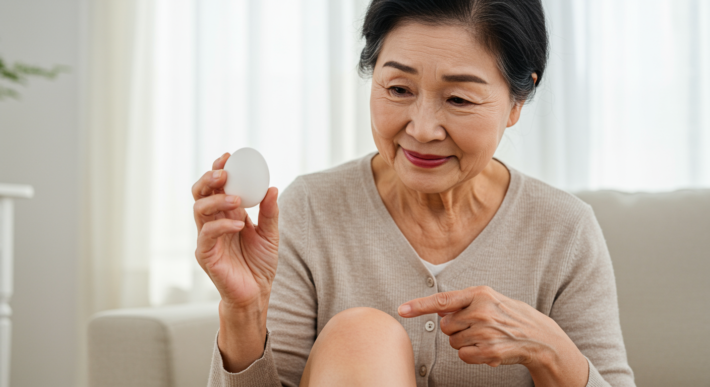 나이 든 여성이 달걀을 들고 무릎을 가리키며 희망적인 표정을 짓고 있는 모습