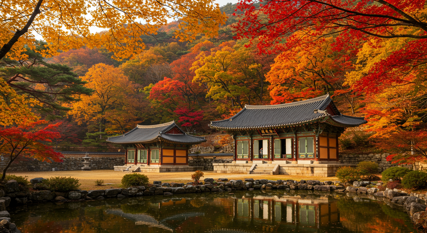 영주의 부석사 경내를 둘러싼 생생한 가을 단풍과 전통 사찰
