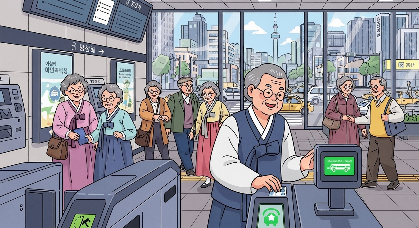 지하철 무료 승차를 위해 복지카드를 사용하는 한국 노인들의 모습
