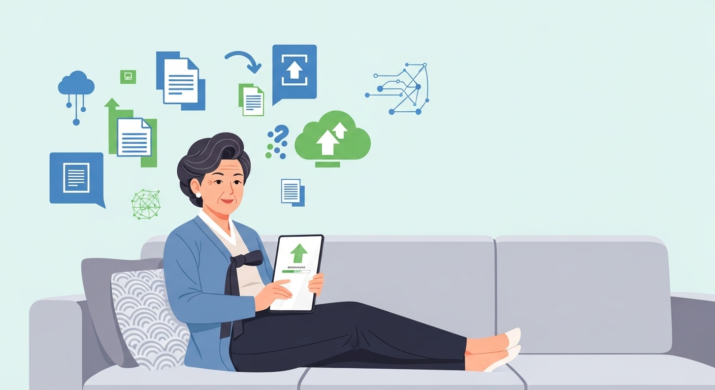 소파에 앉아 태블릿을 활용해 서류를 업로드하는 한국 여성의 모습