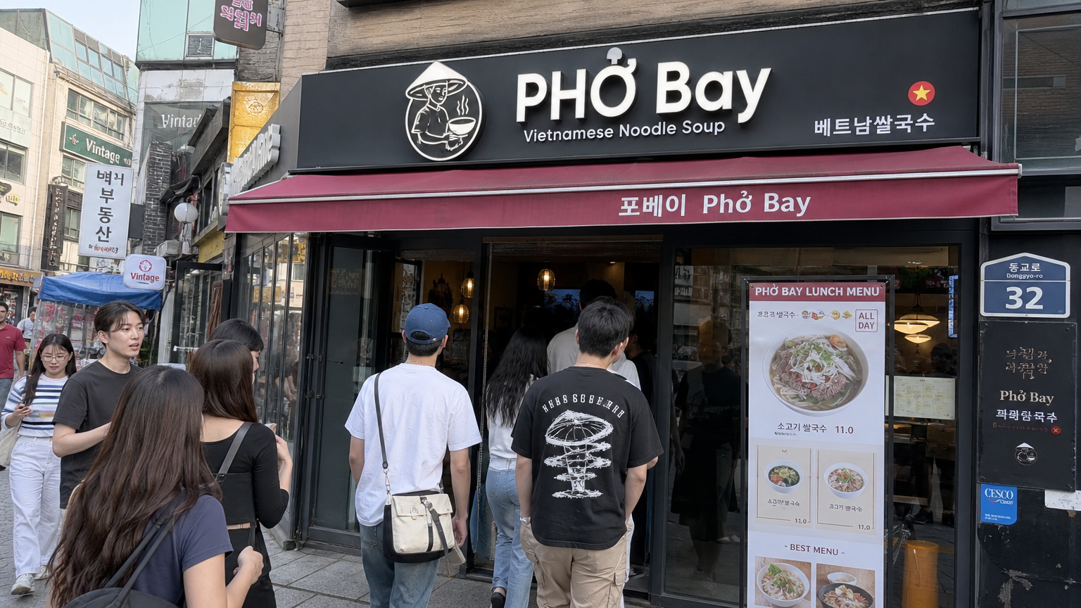 사람들이 붐비는 한국 도시 거리와 인기 있는 베트남 쌀국수 전문점 입구
