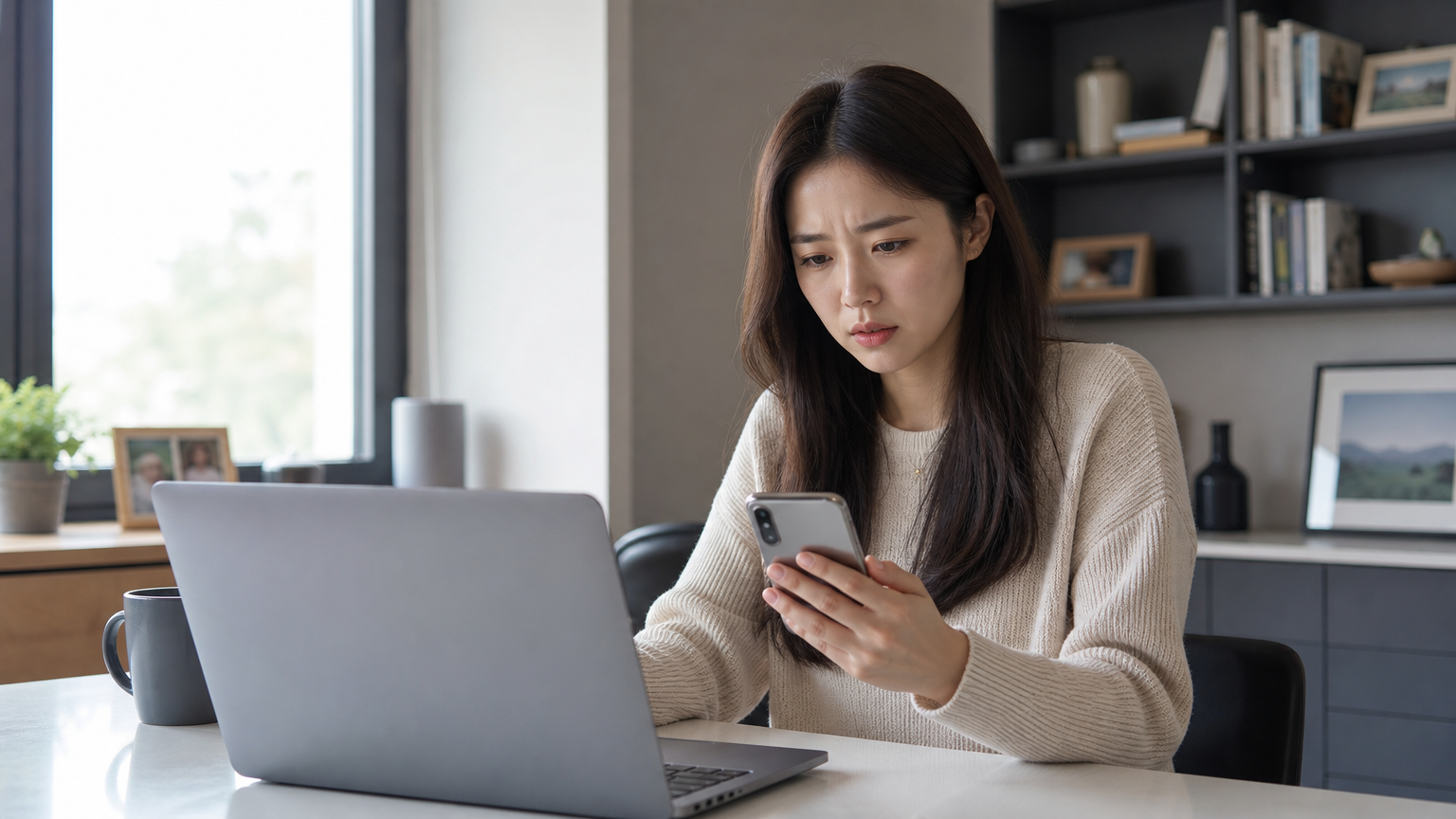 현대적인 가정 사무실에서 노트북과 스마트폰으로 DHL 추적 번호를 확인하는 여성의 모습